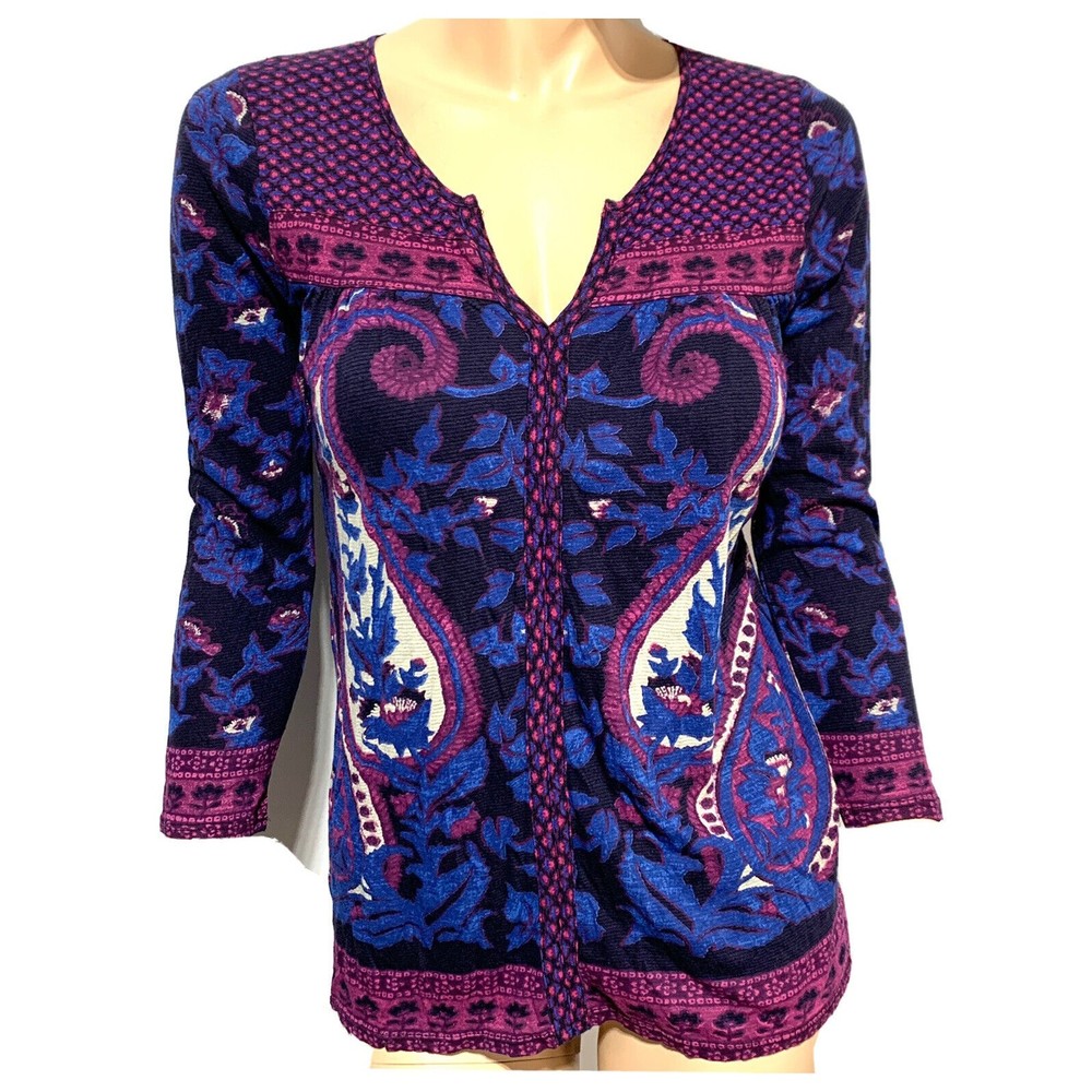 Lucky Brand Women’s Top Printed Paisley Split Neck Boho 3/4 Sleeve Size S Small